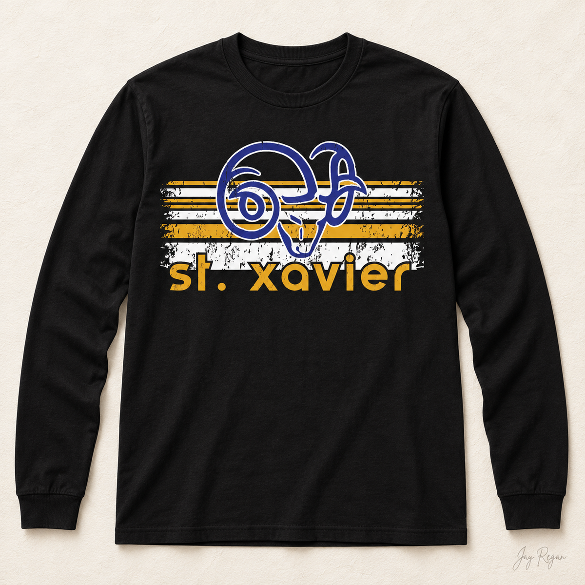 St. Xavier Rams Retro Stripe Gold print long sleeve — Black