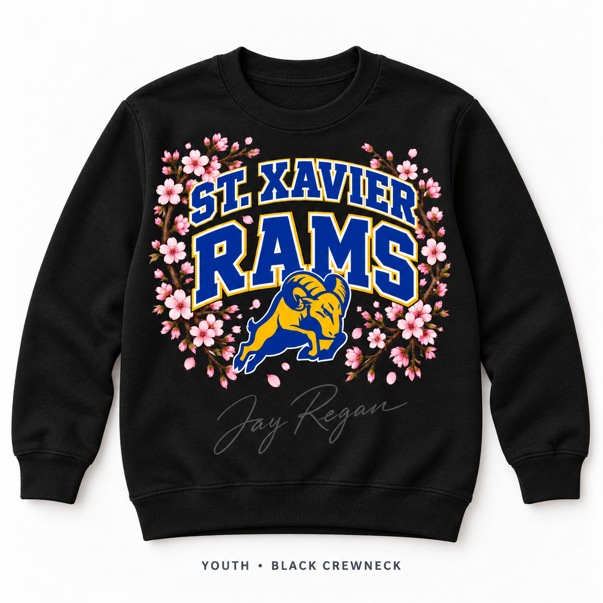 Cherry Blossom Varsity Crewneck — Youth Black