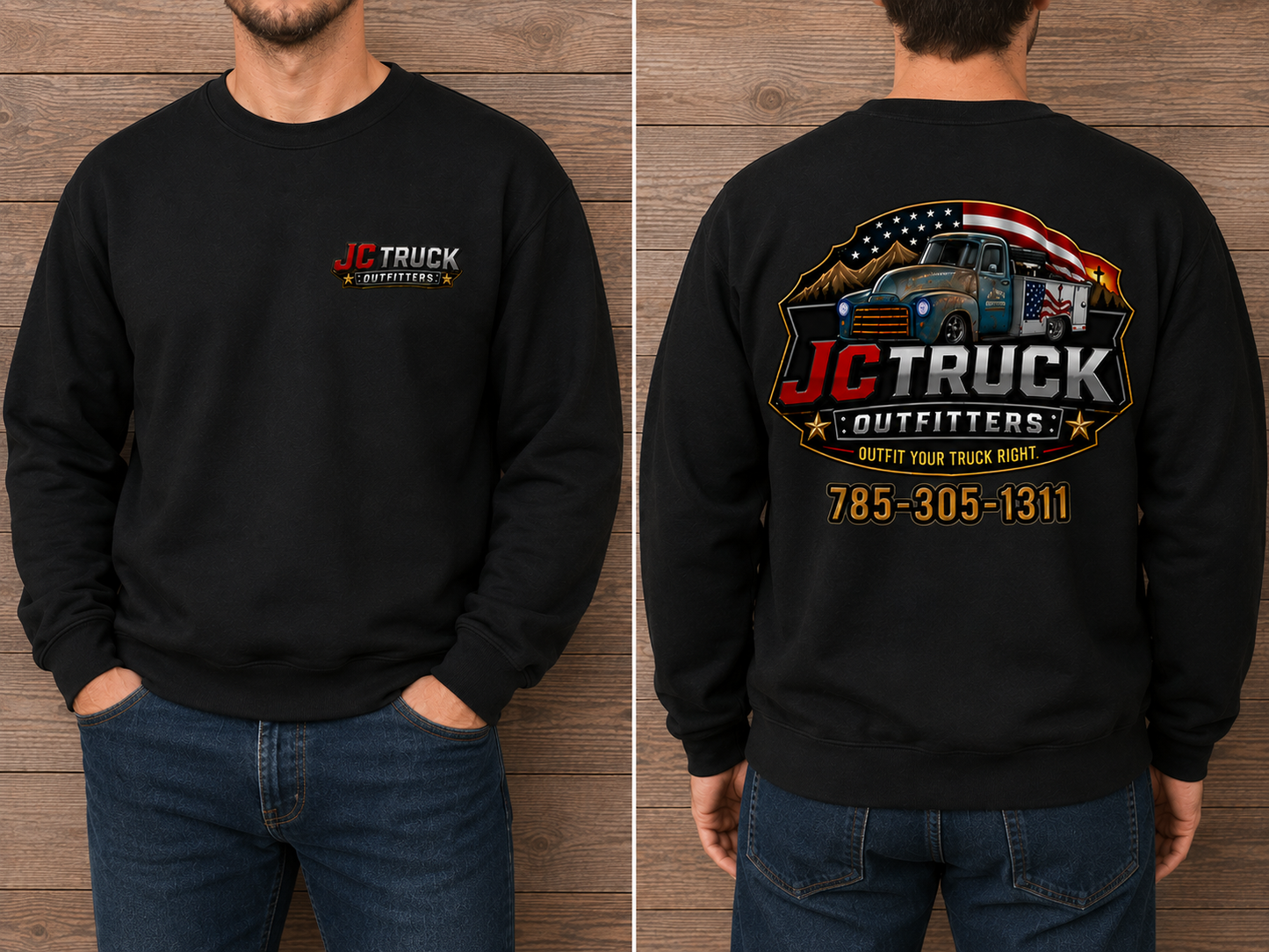 JC Truck Outfitters black Gildan crewneck - left chest logo on the front, full truck badge and 785-305-1311 across the back