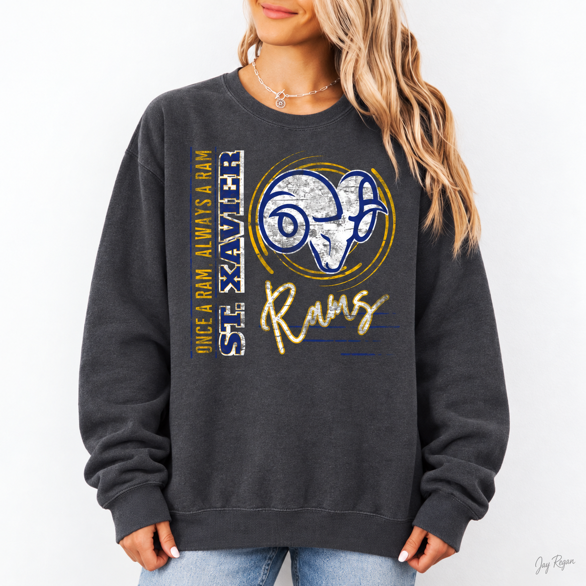 St. Xavier Once a Ram, Always a Ram crewneck — Charcoal