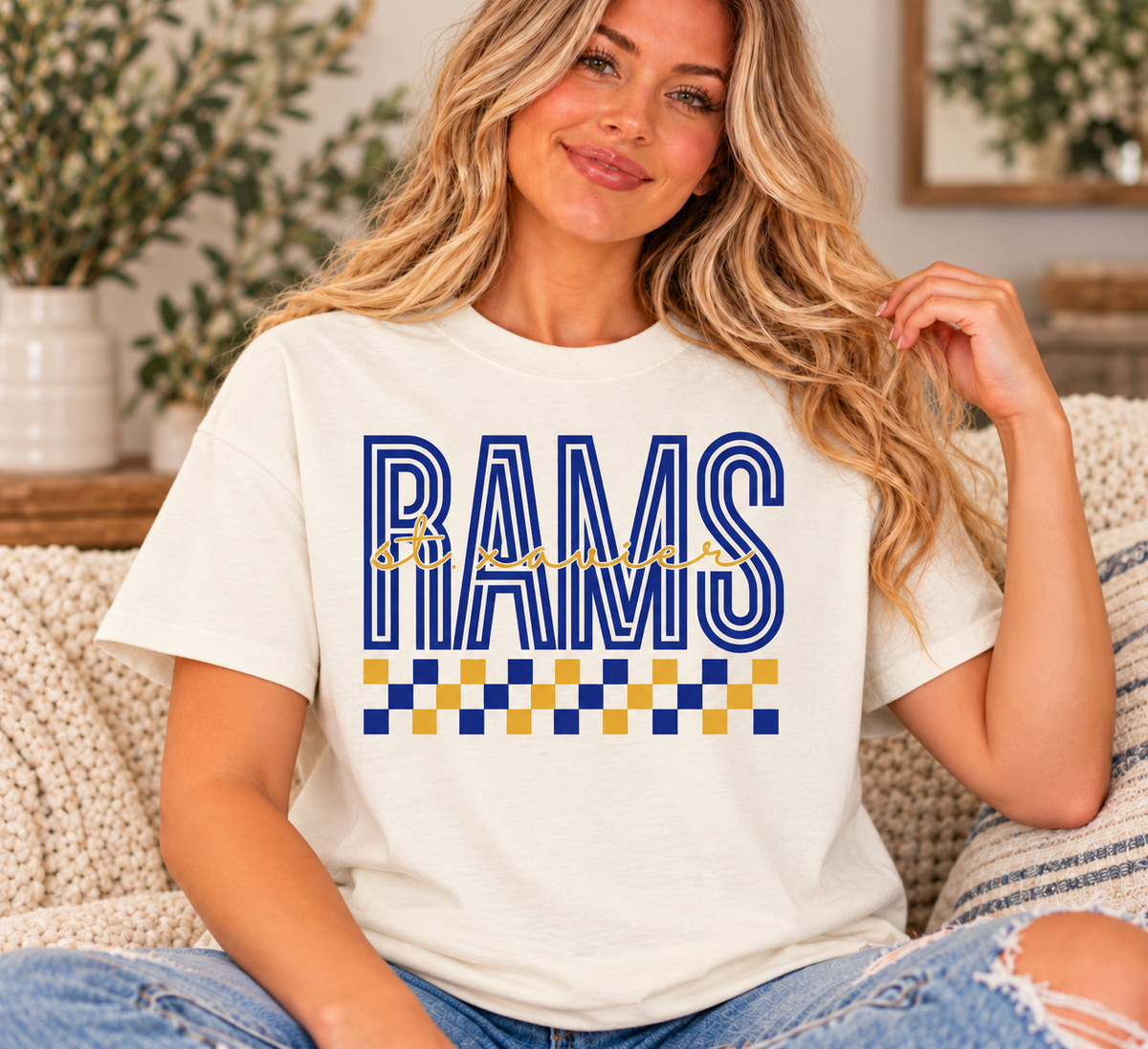St. Xavier RAMS Checkerboard tee — Natural / Ivory