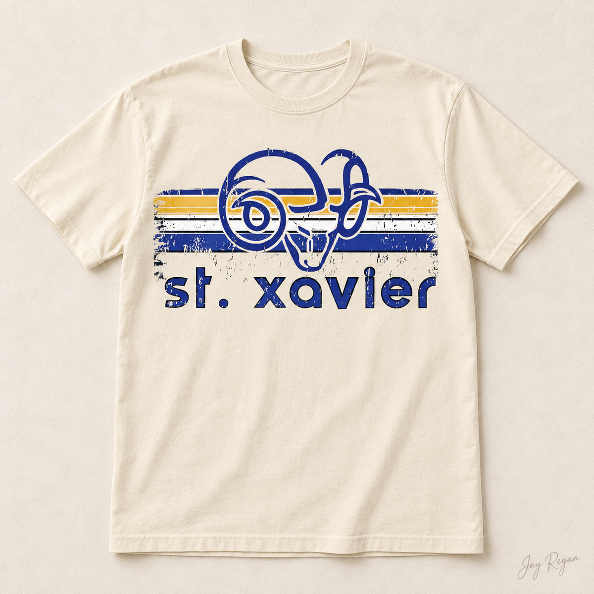 St. Xavier Rams Retro Stripe Blue print tee — Natural