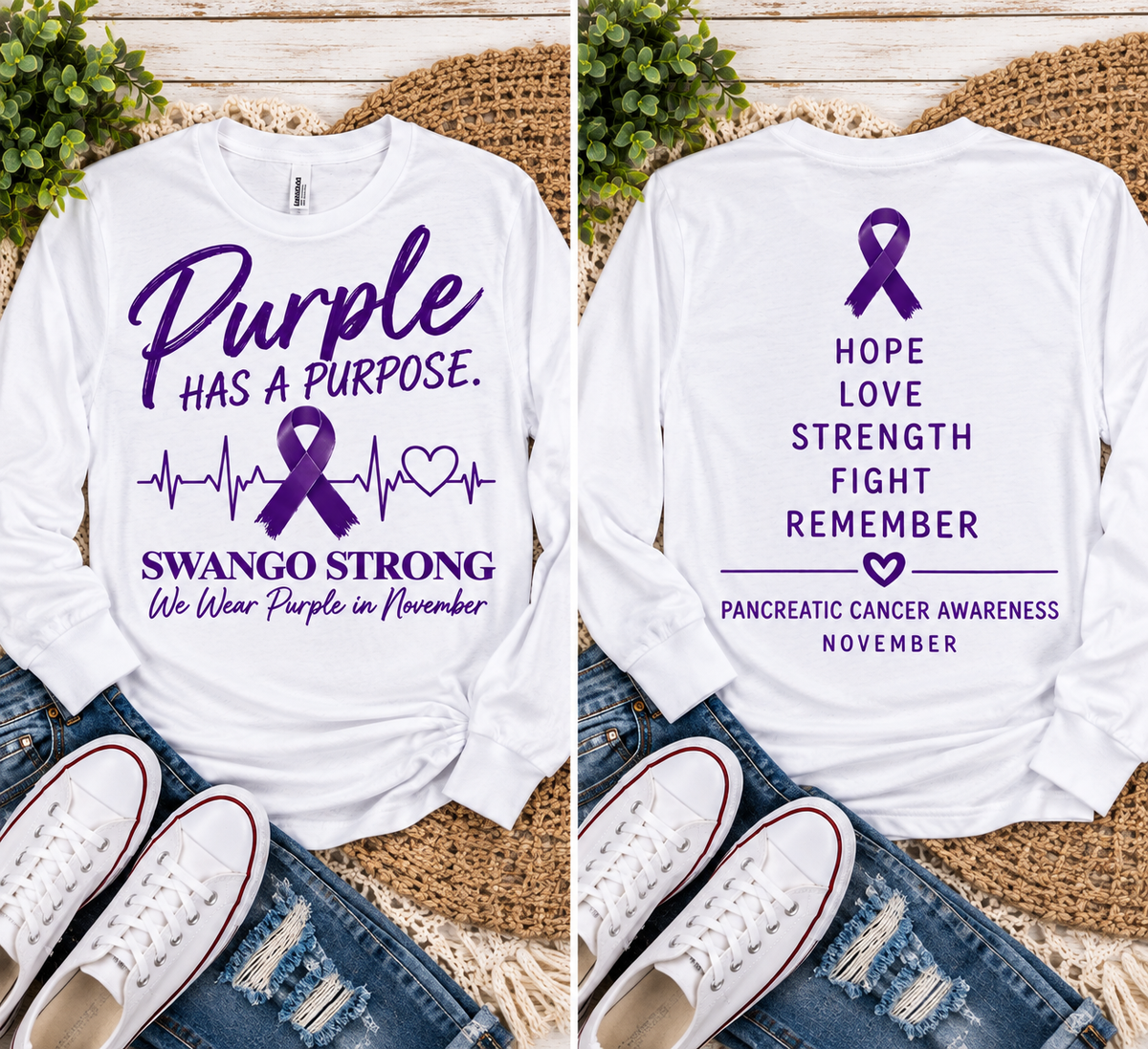Swango Strong Long Sleeve β front and back, purple on white