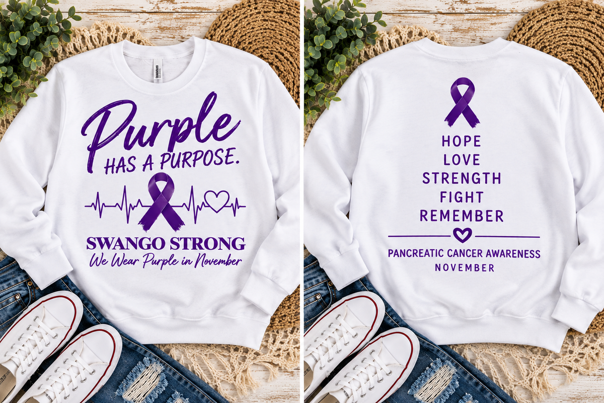 Swango Strong Crewneck β front and back, purple on white