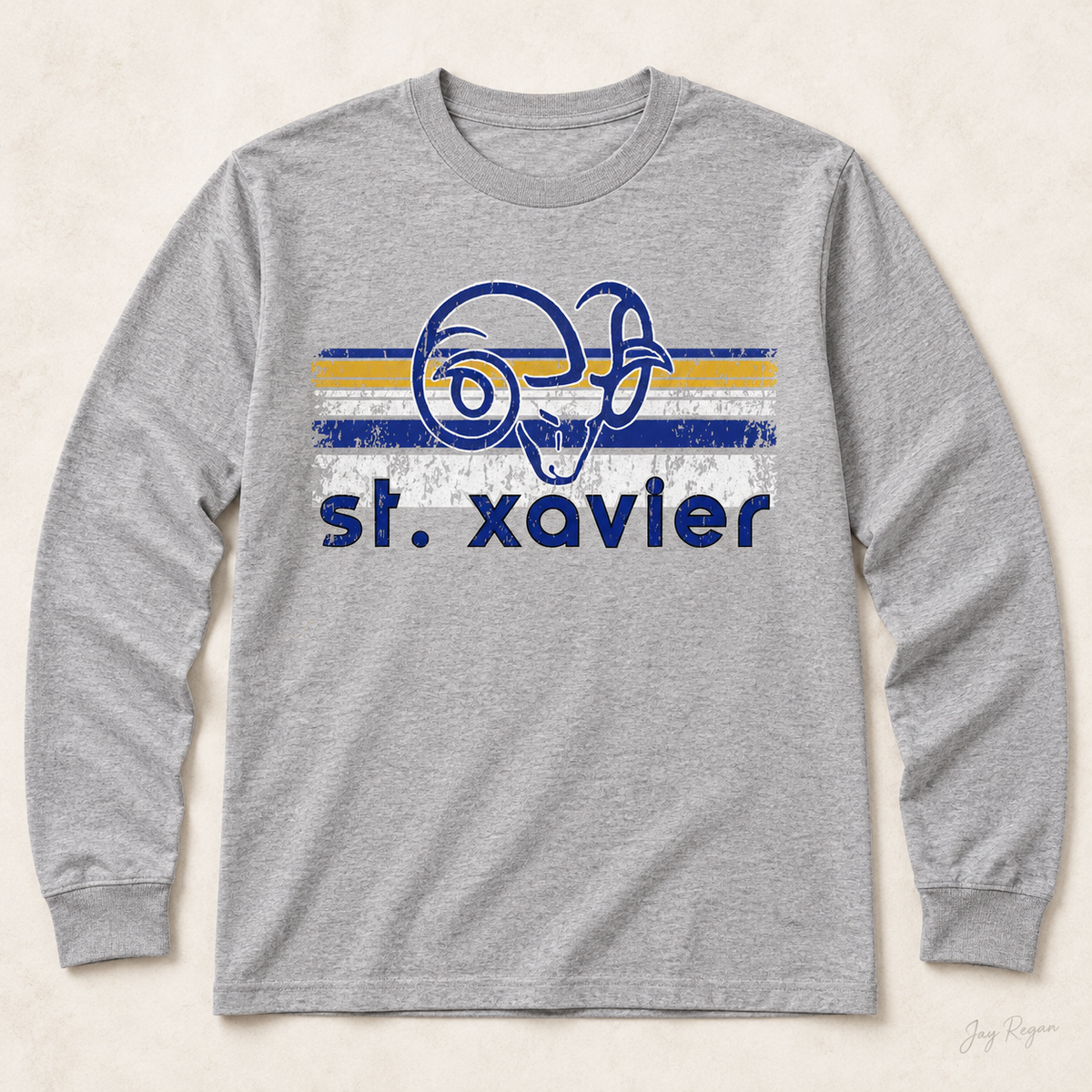 St. Xavier Rams Retro Stripe Blue print long sleeve — Sport Grey