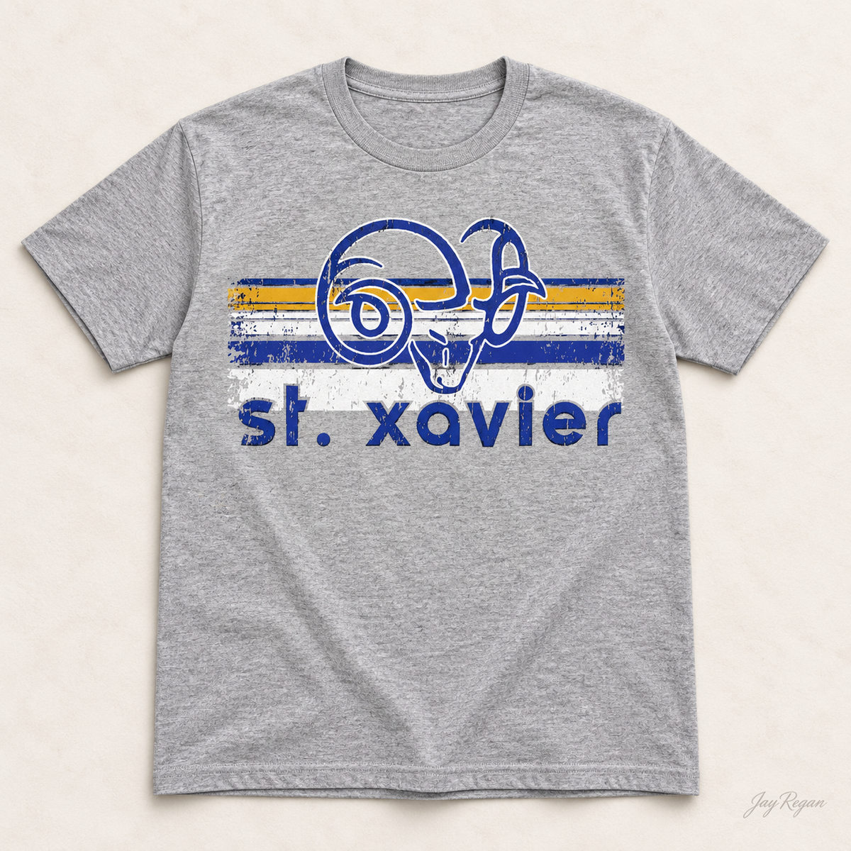 St. Xavier Rams Retro Stripe Blue print tee — Sport Grey