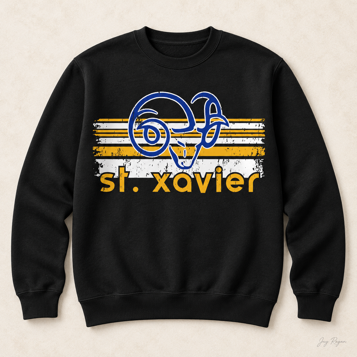 St. Xavier Rams Retro Stripe crewneck, Gold print — Black