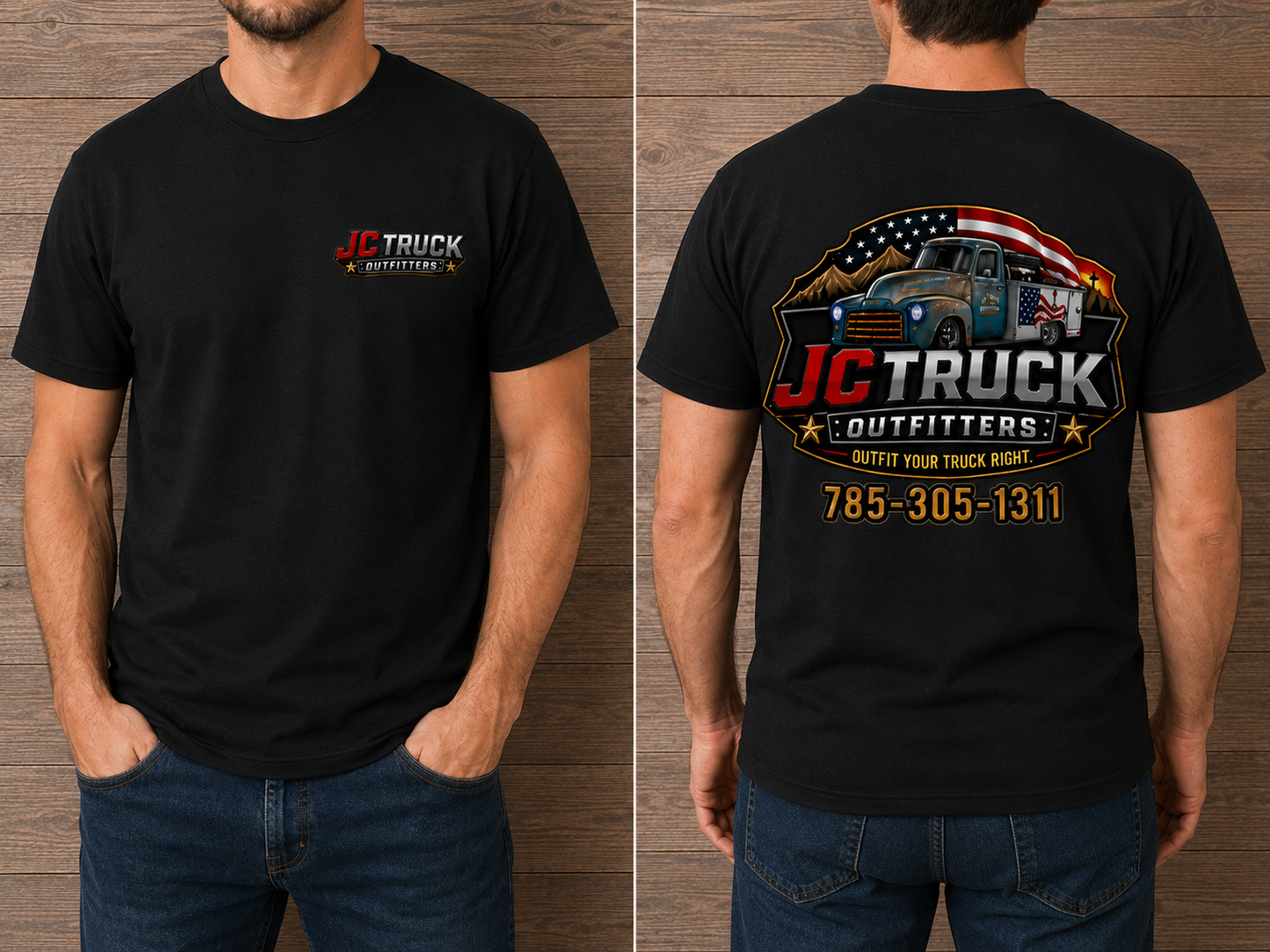 JC Truck Outfitters black tee - left chest logo on the front, full truck badge and 785-305-1311 across the back