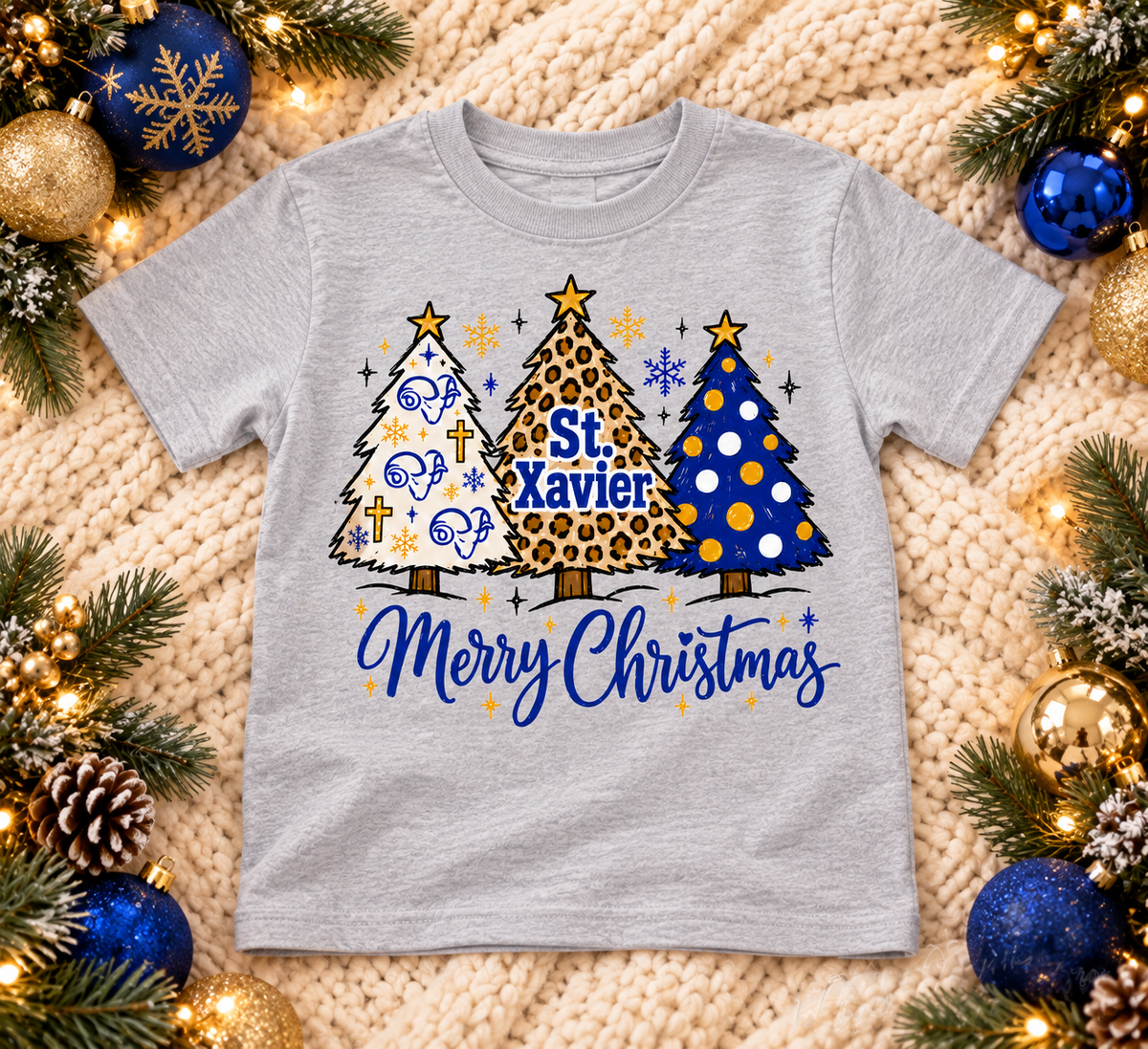 St. Xavier Merry Christmas Trees tee — Sport Grey