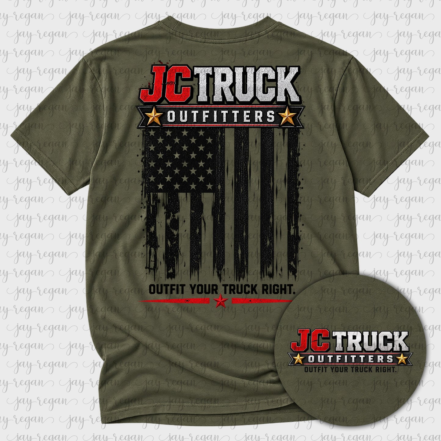 Military green t-shirt with a full-back print: the JC Truck Outfitters logo flanked by gold stars above a weathered black American flag, reading Outfit your truck right.