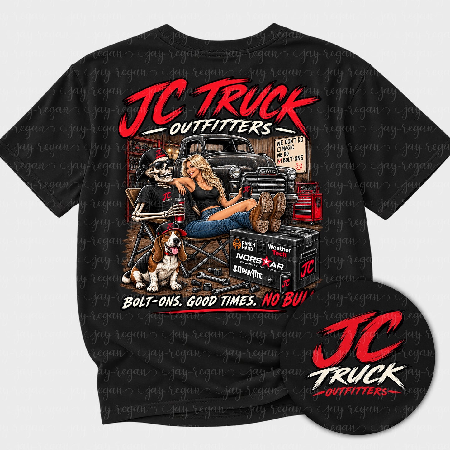 Black t-shirt with a full-back print: a garage scene with a vintage pickup, two figures resting in lawn chairs and a basset hound in a JC cap, reading Bolt-ons. Good times. No bull.