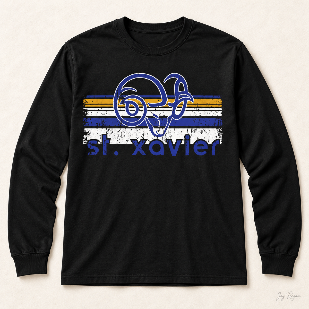 St. Xavier Rams Retro Stripe Blue print long sleeve — Black