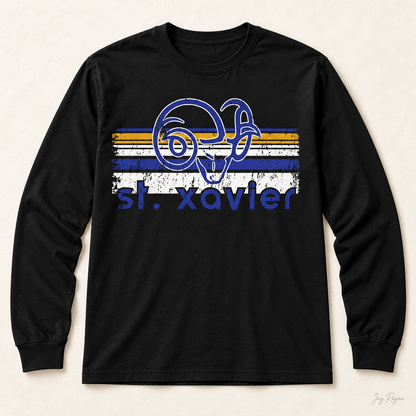 St. Xavier Rams Retro Stripe Blue print long sleeve — Black
