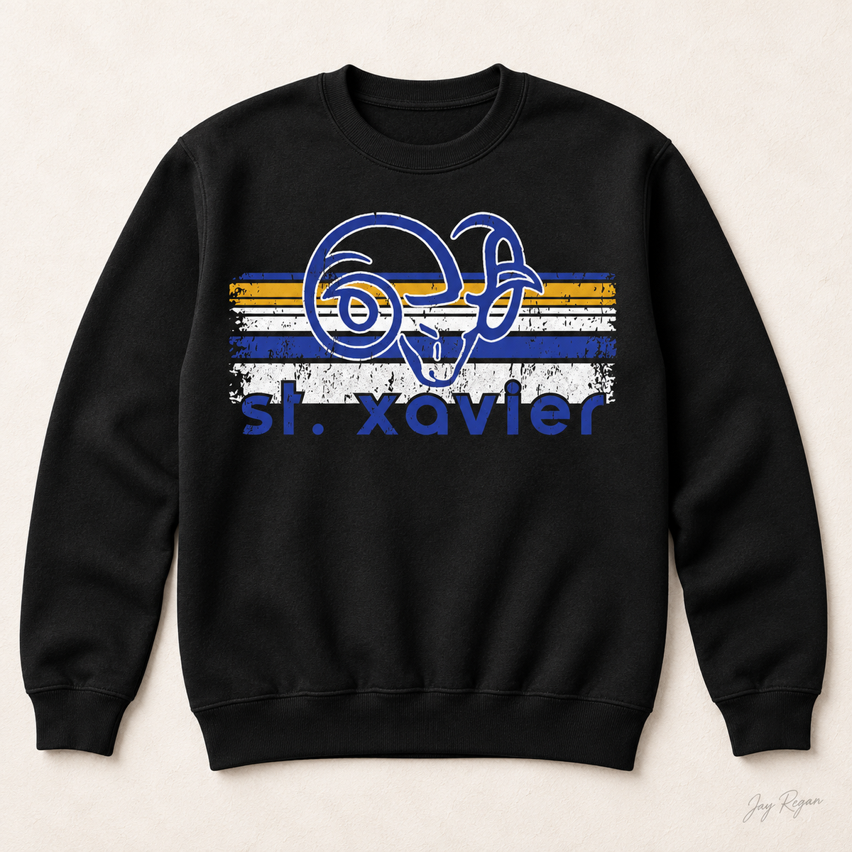 St. Xavier Rams Retro Stripe crewneck, Blue print — Black