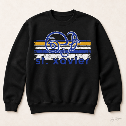 St. Xavier Rams Retro Stripe crewneck, Blue print — Black
