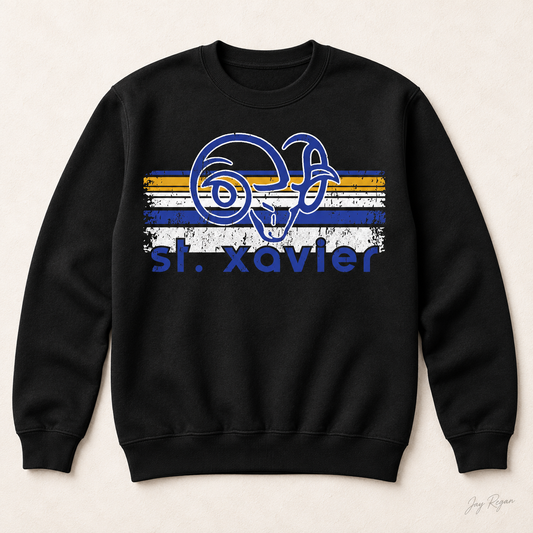 St. Xavier Rams Retro Stripe crewneck, Blue print — Black