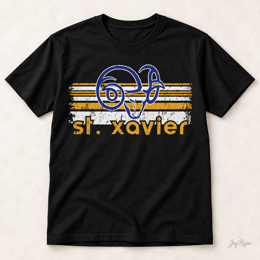St. Xavier Rams Retro Stripe Gold print tee — Black