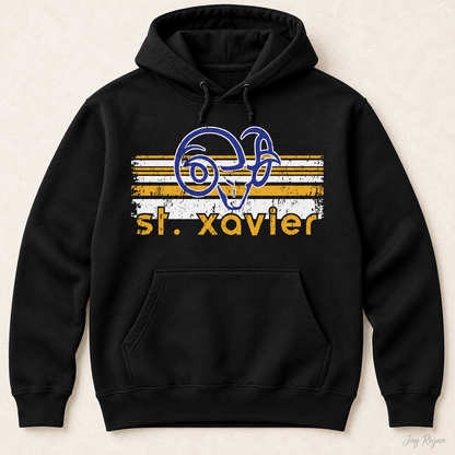 St. Xavier Rams Retro Stripe hoodie, Gold print — Black