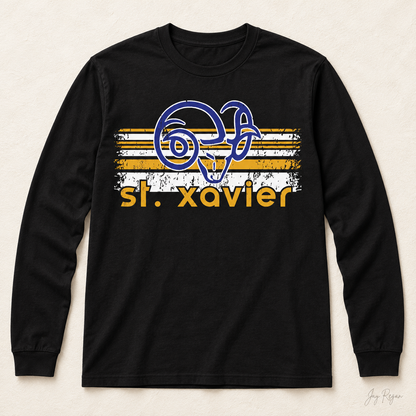 St. Xavier Rams Retro Stripe Gold print long sleeve — Black