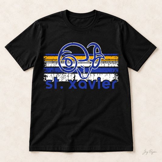 St. Xavier Rams Retro Stripe Blue print tee — Black