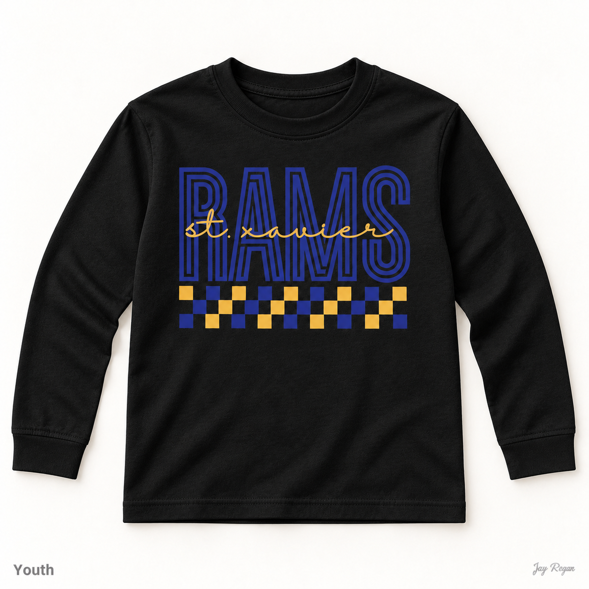 St. Xavier RAMS Checkerboard long sleeve — Black (youth & adult)