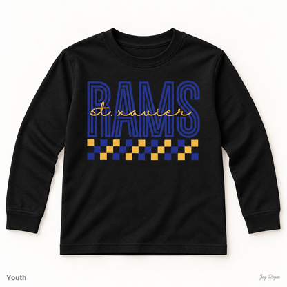 St. Xavier RAMS Checkerboard long sleeve — Black (youth & adult)