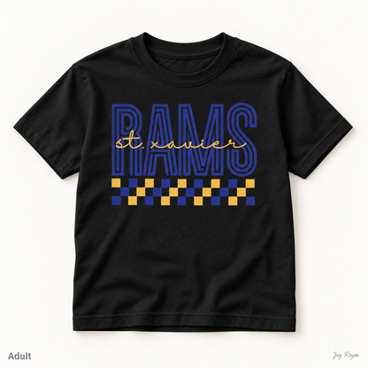 St. Xavier RAMS Checkerboard tee — Black (adult)