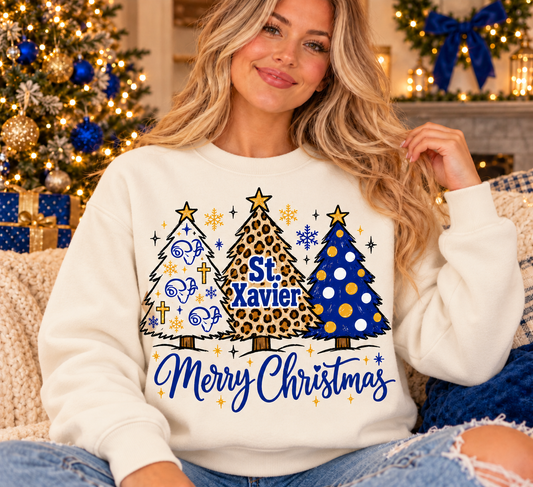 St. Xavier Merry Christmas Trees crewneck — Natural