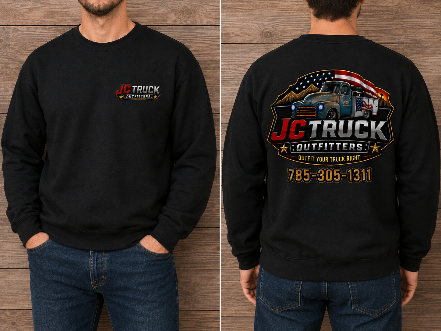 JC Truck Outfitters black Gildan crewneck - left chest logo on the front, full truck badge and 785-305-1311 across the back