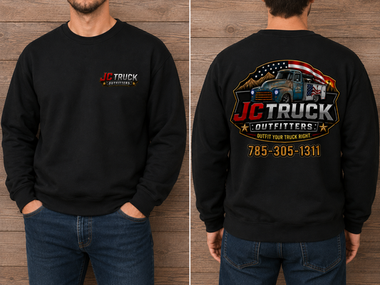 JC Truck Outfitters black Gildan crewneck - left chest logo on the front, full truck badge and 785-305-1311 across the back
