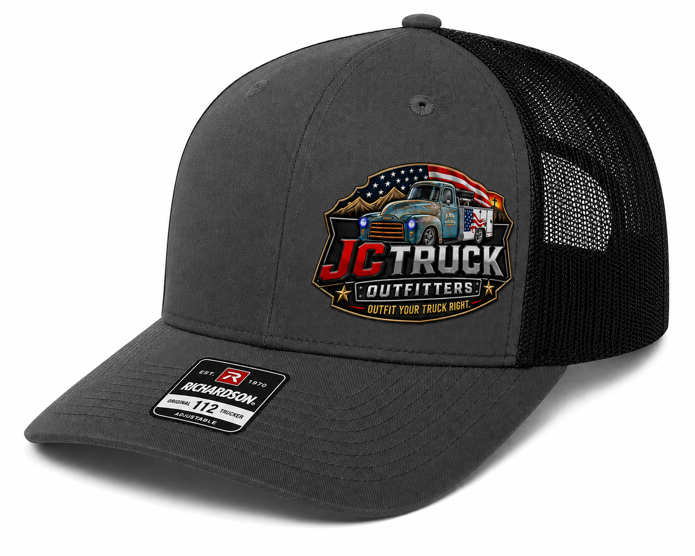 JC Truck Outfitters Richardson 112 trucker cap in charcoal and black with the full-color JC Truck Outfitters patch on the front