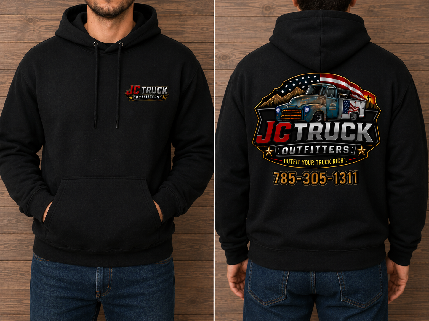 JC Truck Outfitters black Gildan hoodie - left chest logo on the front, full truck badge and 785-305-1311 across the back