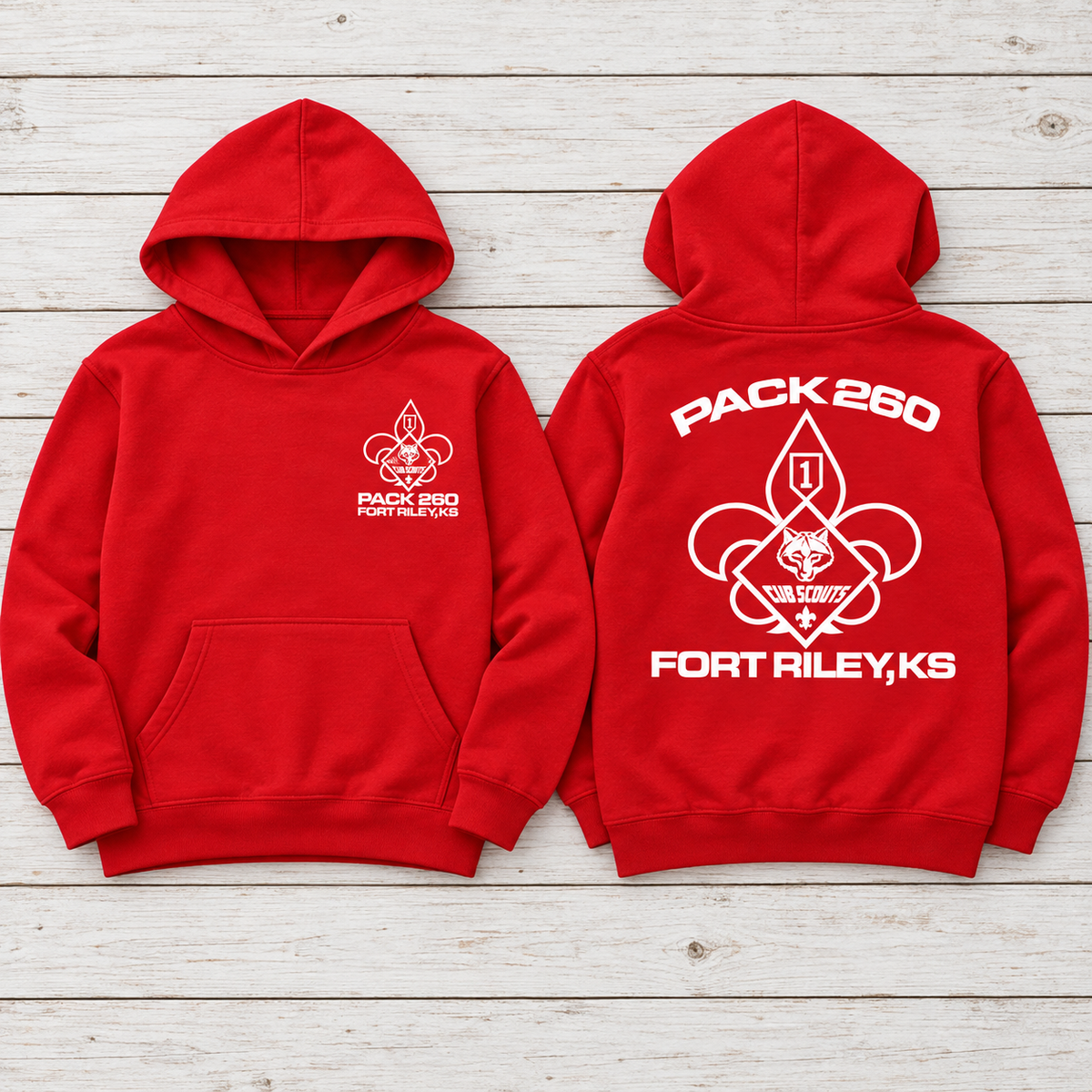 Pack 260 Fort Riley red hoodie, front and back