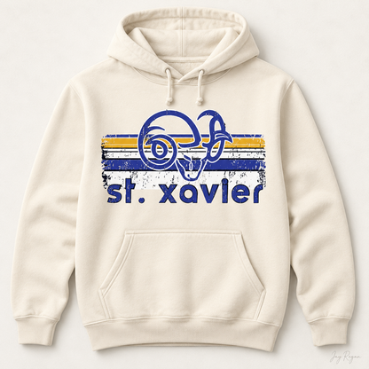 St. Xavier Rams Retro Stripe hoodie, Blue print — Natural
