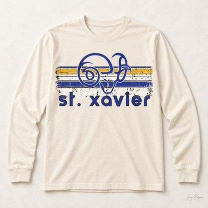 St. Xavier Rams Retro Stripe Blue print long sleeve — Natural