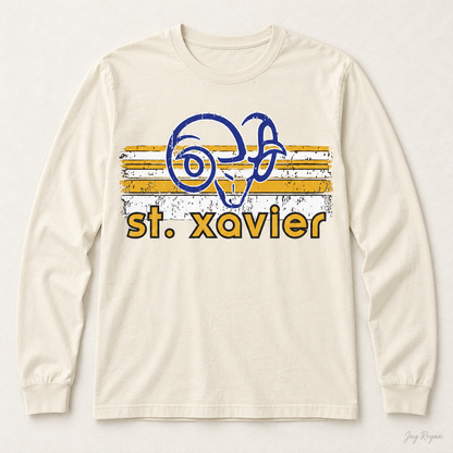 St. Xavier Rams Retro Stripe Gold print long sleeve — Natural