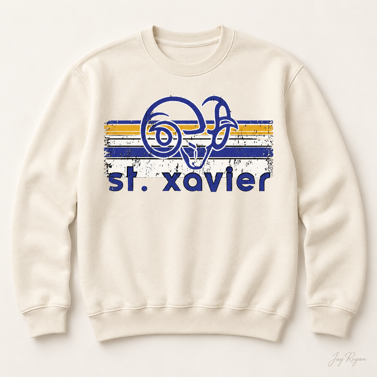 St. Xavier Rams Retro Stripe crewneck, Blue print — Natural