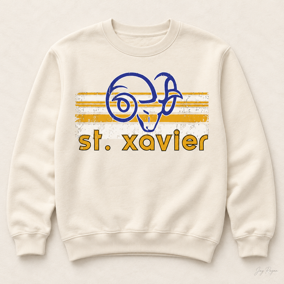 St. Xavier Rams Retro Stripe crewneck, Gold print — Natural