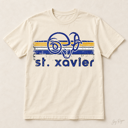 St. Xavier Rams Retro Stripe Blue print tee — Natural