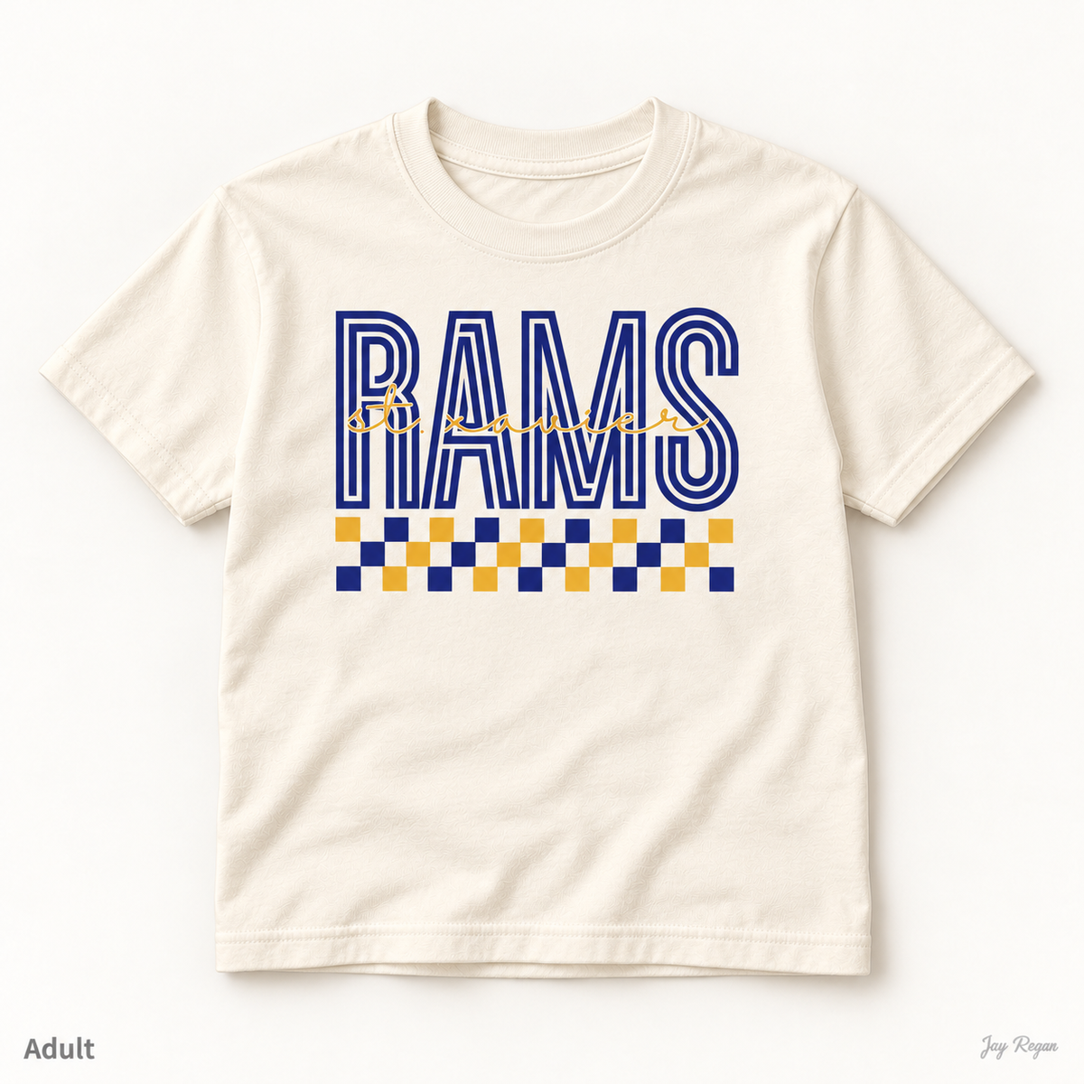 St. Xavier RAMS Checkerboard tee — Natural / Ivory