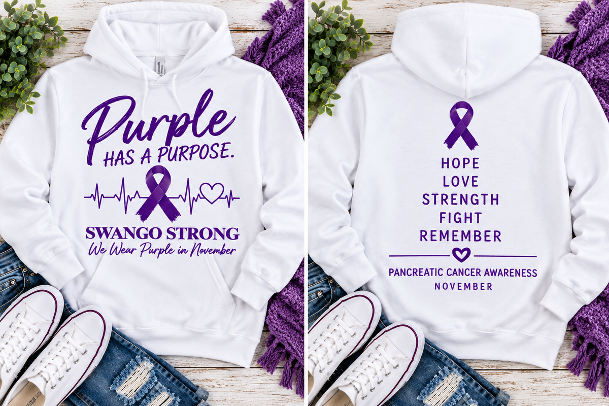 Swango Strong Hoodie — front and back, purple on white