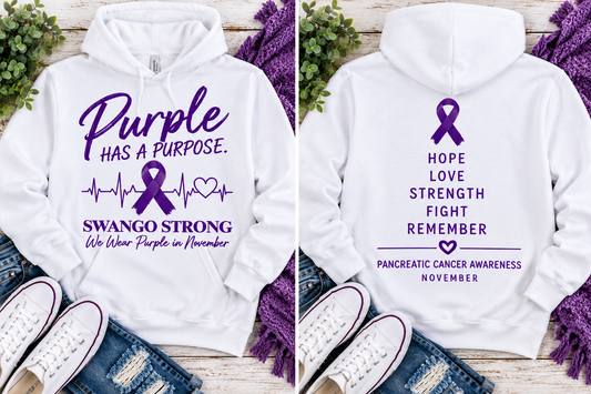 Swango Strong Hoodie — front and back, purple on white