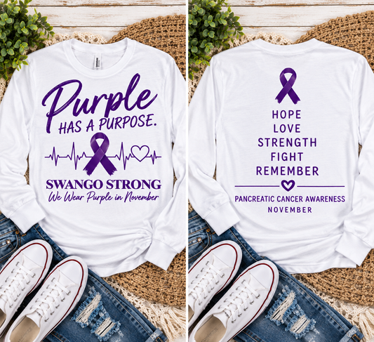 Swango Strong Long Sleeve — front and back, purple on white