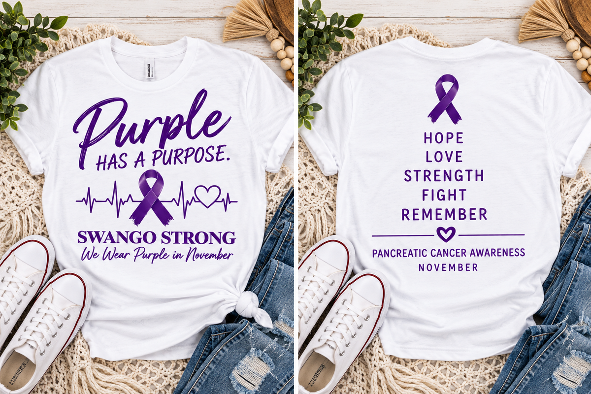 Swango Strong T-Shirt — front and back, purple on white