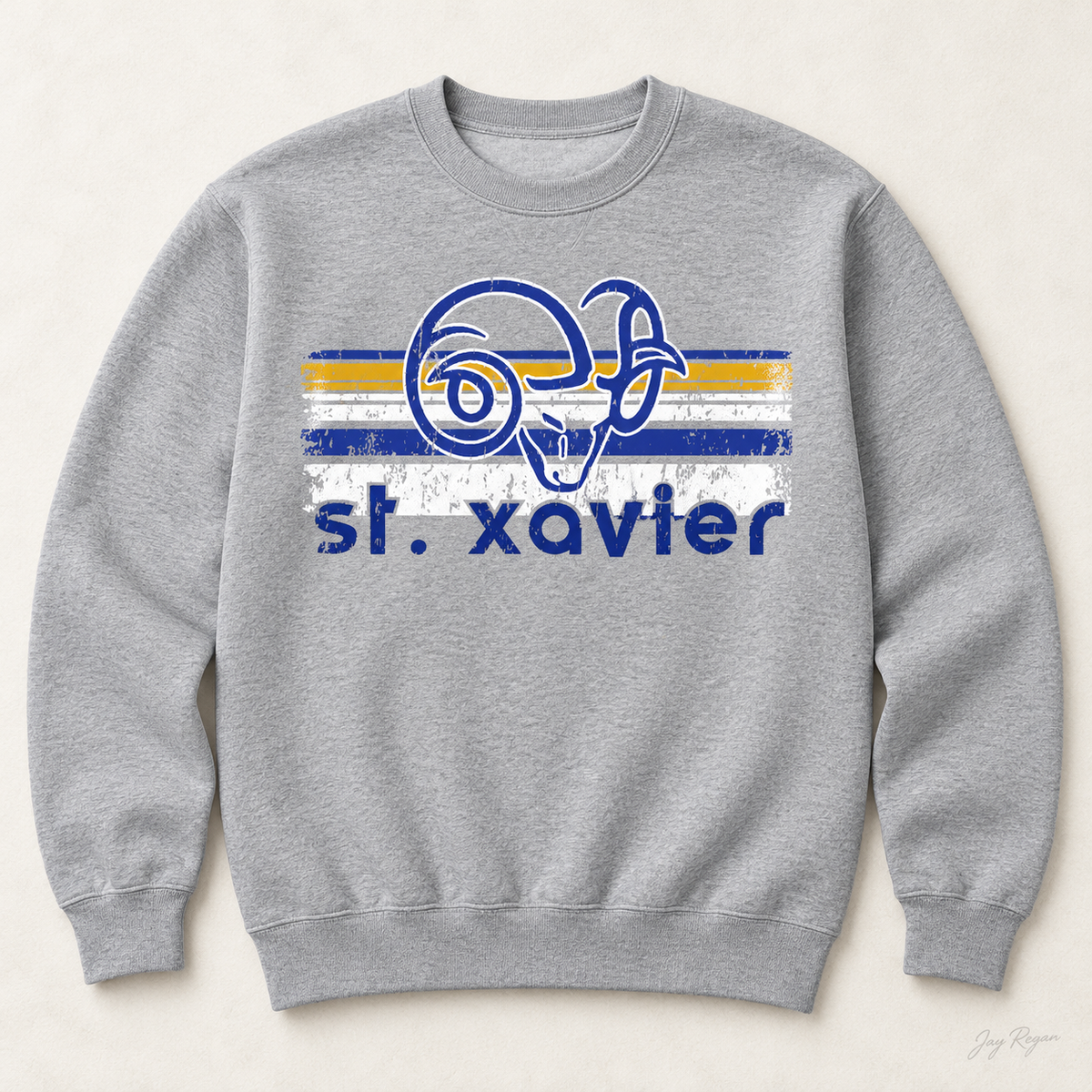 St. Xavier Rams Retro Stripe crewneck, Blue print — Sport Grey