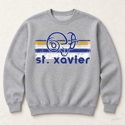 St. Xavier Rams Retro Stripe crewneck, Blue print — Sport Grey