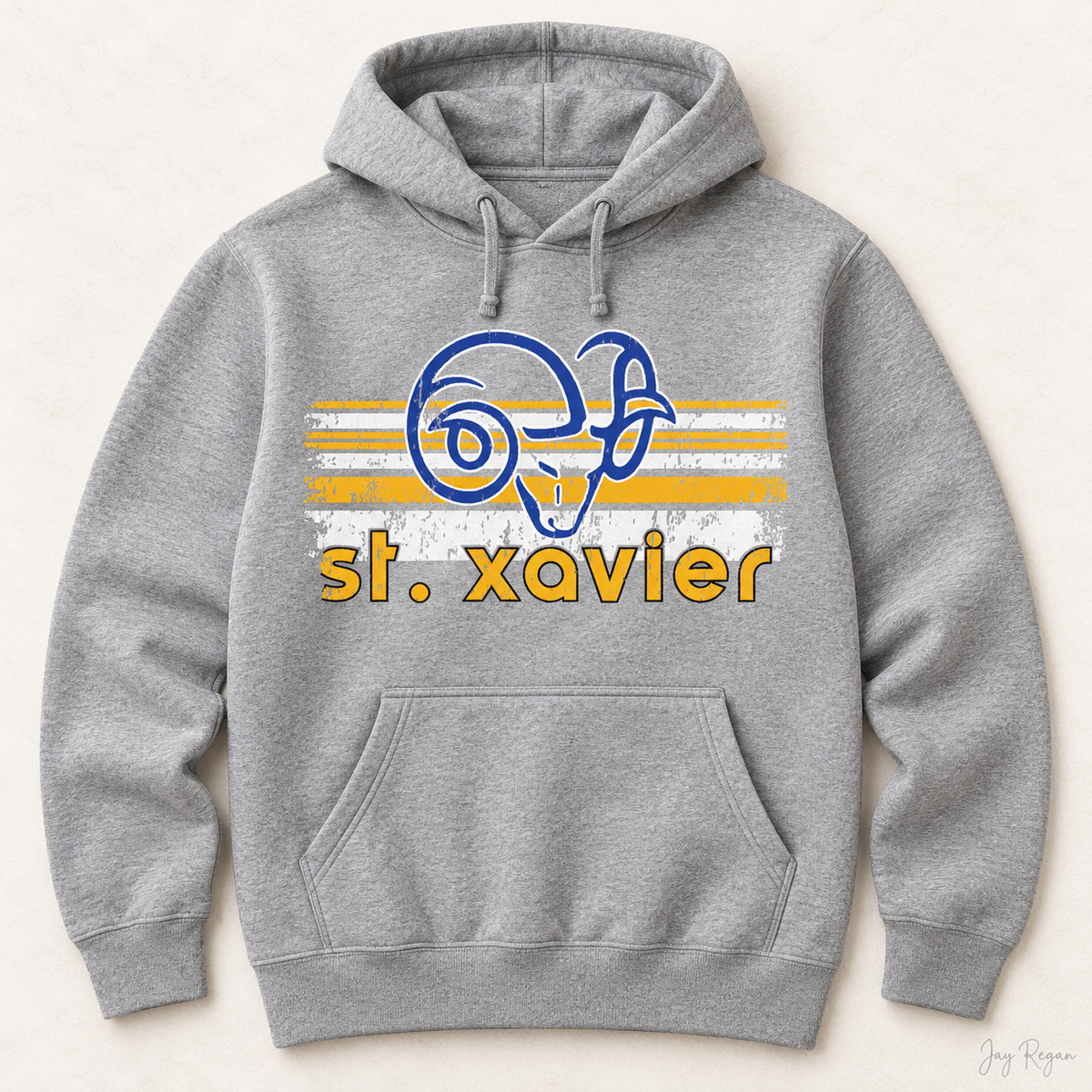 St. Xavier Rams Retro Stripe hoodie, Gold print — Sport Grey