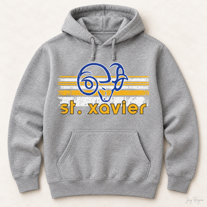 St. Xavier Rams Retro Stripe hoodie, Gold print — Sport Grey