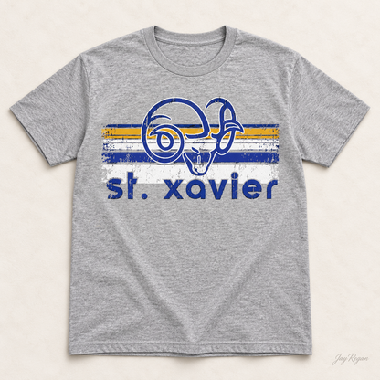 St. Xavier Rams Retro Stripe Blue print tee — Sport Grey