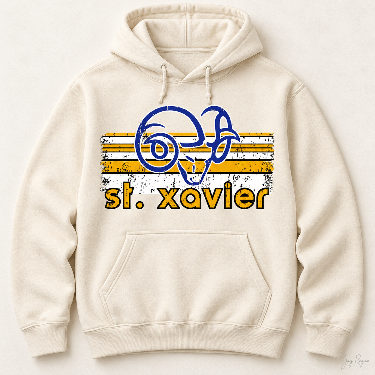 St. Xavier Rams Retro Stripe hoodie, Gold print — Natural